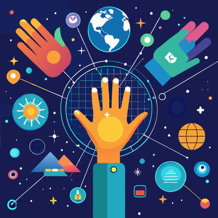 Digital Hands Reaching Out in a Cosmic Tapestryのイラスト素材