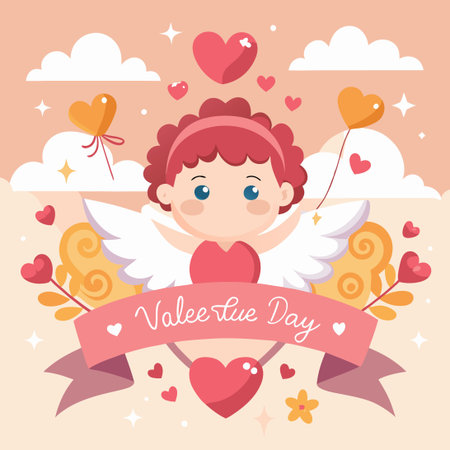 Festive Valentine's Day Banner Adorned with Hearts and a Cherubic Cupidのイラスト素材