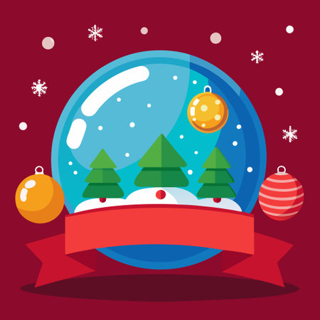 Festive Christmas Banner Featuring Snowy Snowglobes and Ornamentsのイラスト素材
