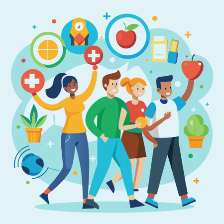 Diverse Individuals Promoting Healthy Habits and Well-being Through Iconsのイラスト素材
