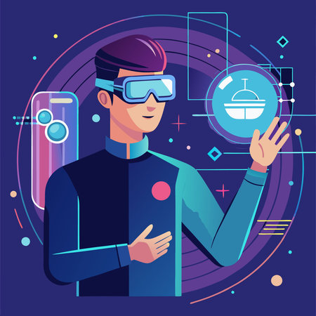 Man Wearing Smart Eyewear Interacting with a Virtual Touchscreen Interfaceのイラスト素材