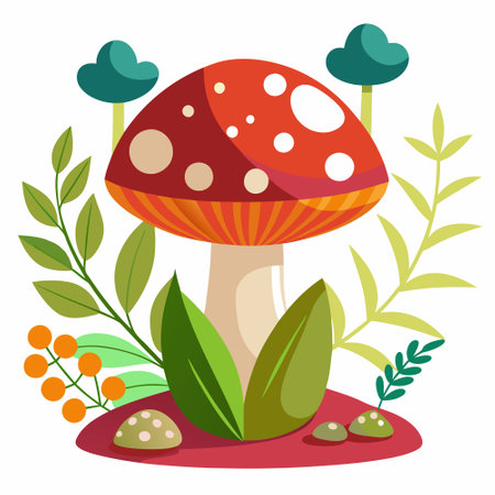 Close-up of Mushrooms and Plants Isolated on a White Backgroundのイラスト素材