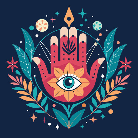 Mystical Hand with Esoteric Elements and Boho Symbols