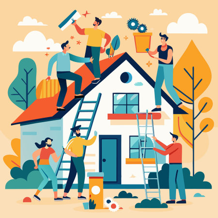 Group of People Engaged in Collective Home Renovation Projectのイラスト素材