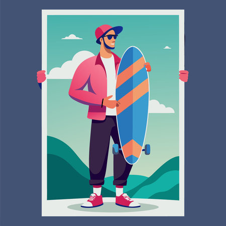 Cool Man Carrying a Surfboard in a Unique Poster Mockup PSD