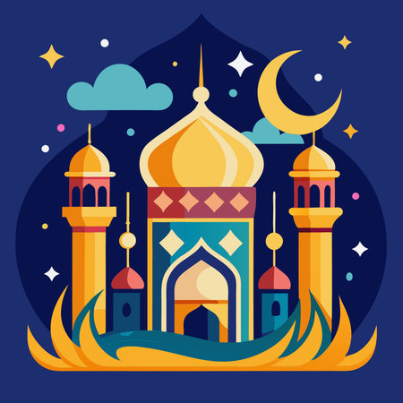 Ramadan Kareem Greeting Card Featuring a Festive Crescent Moon and Lanternsのイラスト素材