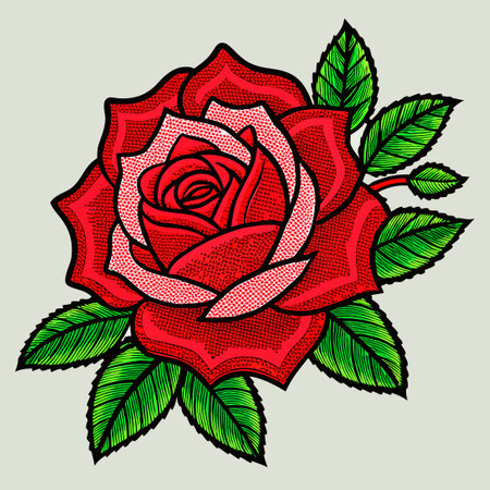 Intricate and Delicate Red Rose Embroidered Design with Ten Petalsのイラスト素材