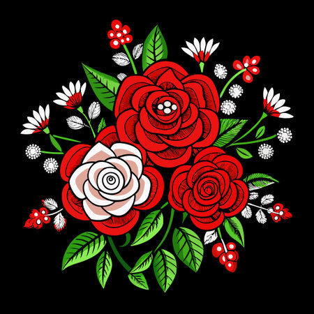 Intricate Embroidery of Red Roses and White Blossoms on Black Backgroundのイラスト素材