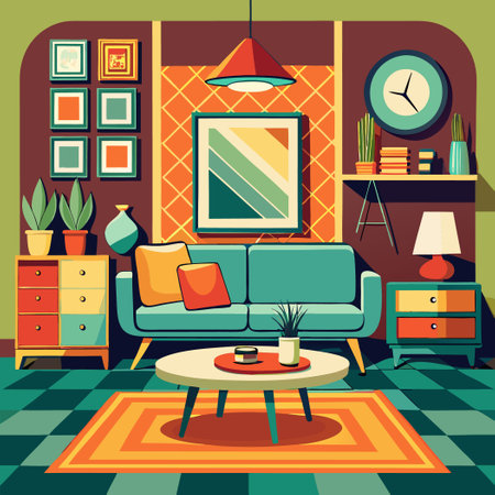 Retro-Inspired Living Room Interior with Vintage Vibes and Modern Touchesのイラスト素材
