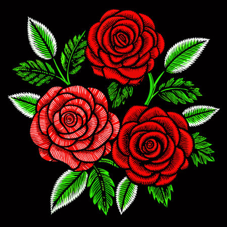Intricate Satin Stitch Red Roses Embroidery on Black Backgroundのイラスト素材