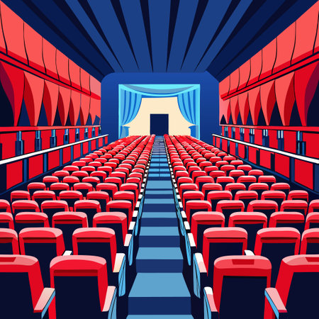 Arrays of Crimson Velvet Theater Seats Offering a Grand Perspectiveのイラスト素材