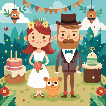 Whimsical Rustic Wedding Invitation Set Featuring Amusing Cartoon Characterのイラスト素材