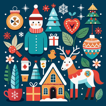 Scandinavian Style Christmas Elements Collection for Festive Decor and Designsのイラスト素材
