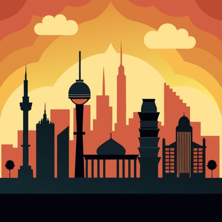 Majestic Silhouette Skyline of Urban Architecture at Sunsetのイラスト素材