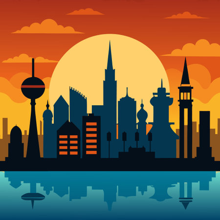 Serene Silhouette of a City Skyline at Sunset with Buildings and Bridgesのイラスト素材