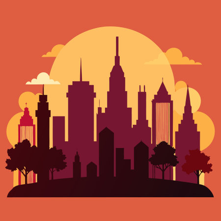 Panoramic Silhouette of Buildings against the Evening Skyのイラスト素材