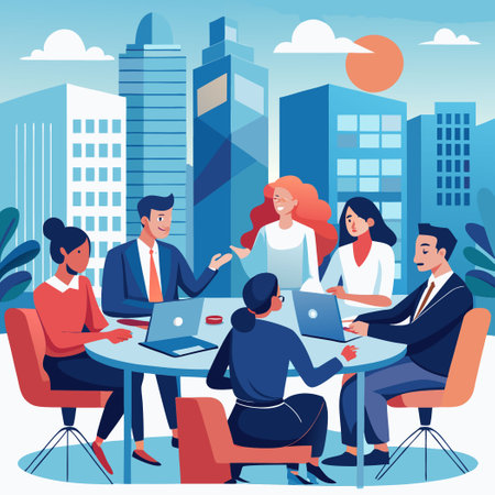 Urban Professionals Engage in Business Discussions amidst Silhouette Skylineのイラスト素材