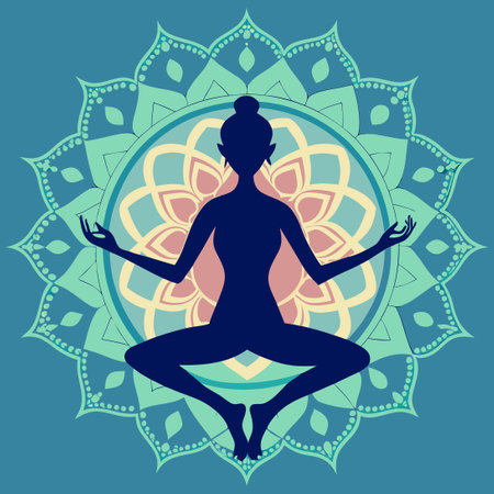 Silhouette of a Female in Yoga Pose against Ornate Mandala Designのイラスト素材