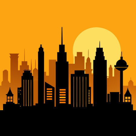 Silhouette Skyline View of Buildings Against a Setting Sunのイラスト素材