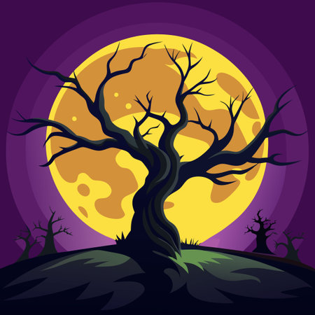 Eerie Silhouette of a Spooky Tree Underneath a Majestic Moonのイラスト素材