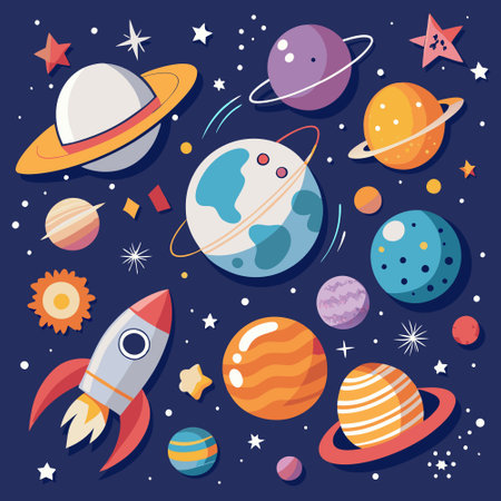 Adorable Space-Themed Wall Art for Children's Rooms: Planets, Stars, and Rocketsのイラスト素材