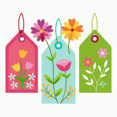 Vibrant Springtime Hang Tags Adorned on Pristine White Backgroundのイラスト素材
