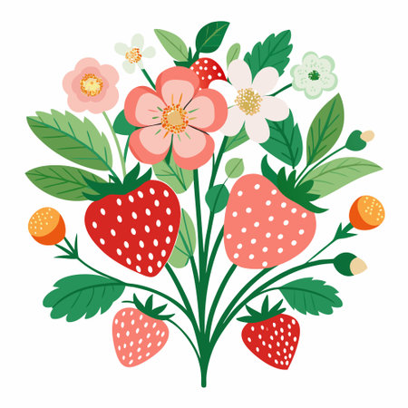 Vibrant Strawberry Bouquet with Fresh Fruits, Delicate Flowers, and Lush Green Leavesのイラスト素材