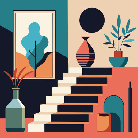 Modern and Elegant Wall Art Featuring a Staircase and Decorative Vases in a Contemporary Settingのイラスト素材