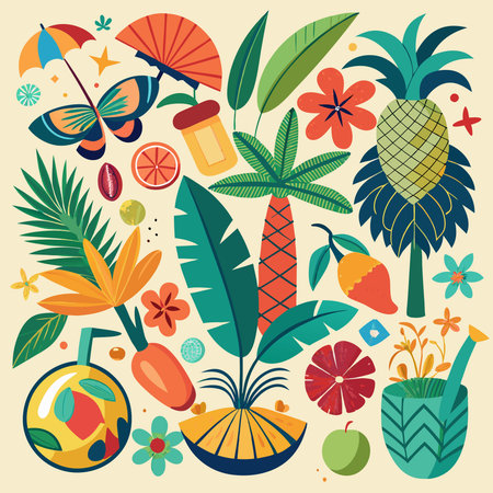 Isolated Elements of Tropical Collection: Vibrant Foliage and Exotic Accents