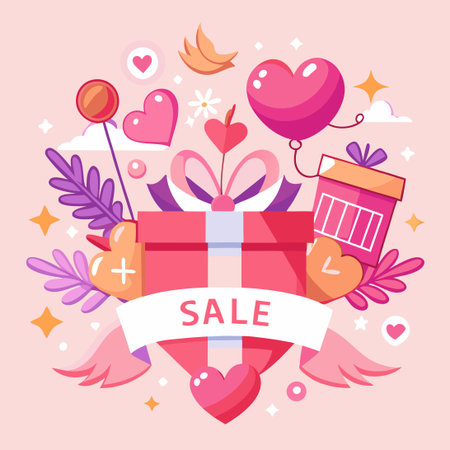 Eye-Catching Valentine's Day Sale Banner with Decorative Gift Box and Paper Backgroundのイラスト素材