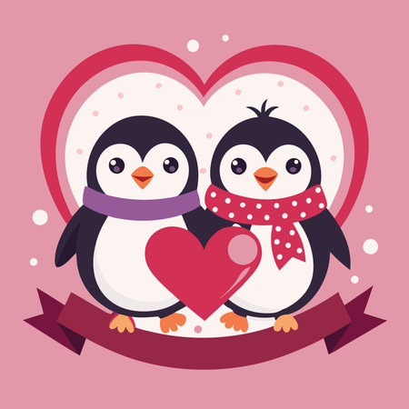 Valentine's Day Poster Banner Card Featuring Adorable Penguinsのイラスト素材
