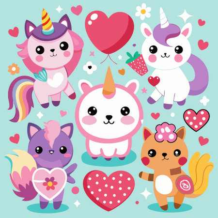 Cute Valentine's Day Elements for Kids with Hearts, Flowers, and Teddy Bearsのイラスト素材