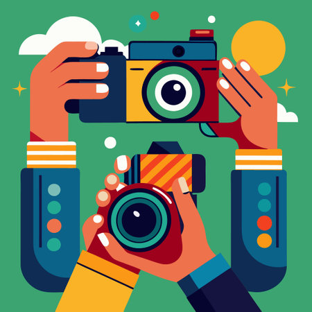 Diverse Hands Capturing Unforgettable Moments with Camerasのイラスト素材