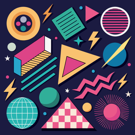 Vibrant Retro Memphis Style Geometric Shapes Collectionのイラスト素材