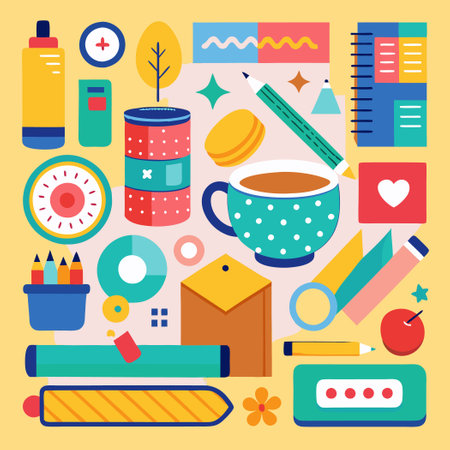 Vibrant Washi Tape Collage Depicting Stationery Instruments and Elementsのイラスト素材