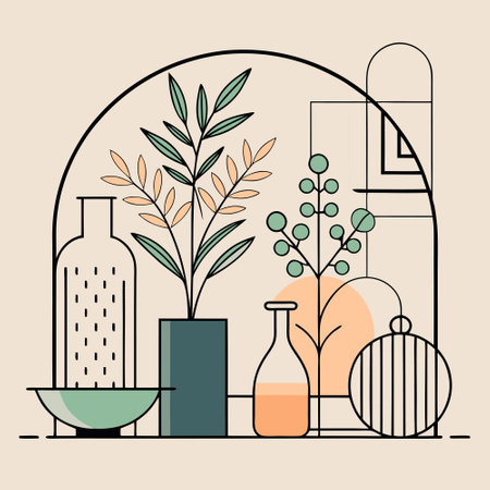 Minimalist Line Art Wall Decor Featuring Plants and Vases in a Mini Arrangementのイラスト素材
