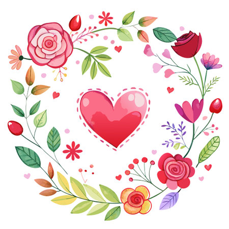 Watercolor Valentine's Day Border with Heart Accents and Floral Detailsのイラスト素材