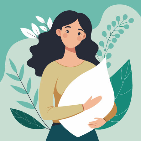 Woman Holding a Leafy White Pillow Mockup for Home Textiles Promotionのイラスト素材