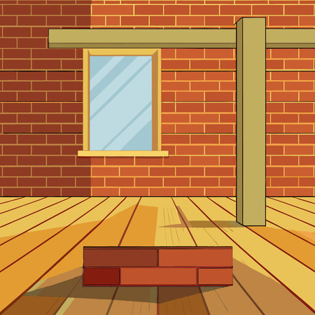 Textured White Brick Wall with Wooden Floor and Architectural Structureのイラスト素材
