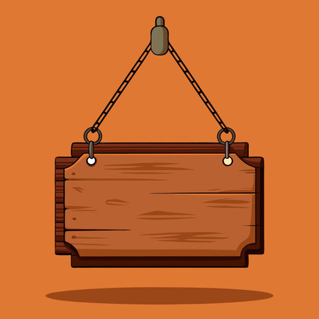 Weathered Wooden Sign Suspended from Rusty Nail on Aged Wallのイラスト素材
