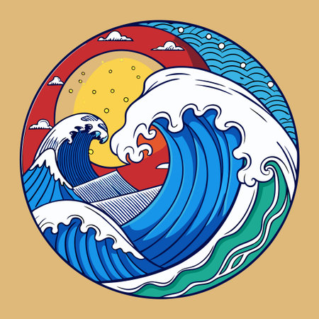 Abstract Doodle Art Inspired by Japanese Great Wave Imageryのイラスト素材