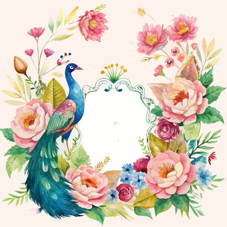 Elegant Wedding Invitation Design Adorned with Watercolor Peacocksのイラスト素材