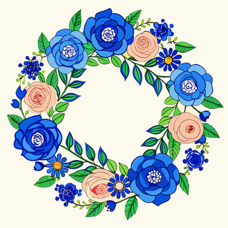 Exquisite Embroidery with Roses and Blue Flowers in a Wreathのイラスト素材