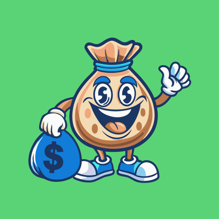 Cheerful Vector Logo Illustration of a Cartoon Money Bag Mascot with Arms and Legsのイラスト素材