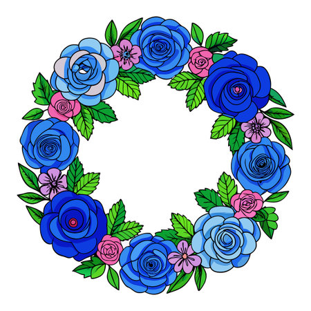 Intricate Wreath of Roses and Blue Flowers Embroidered Designのイラスト素材