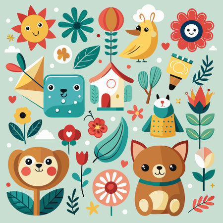 Vibrant Kids Elements Collection with Playful Animal Charactersのイラスト素材