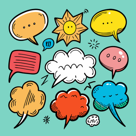 Hand Drawn Speech Bubble Collection Featuring Diverse Shapes and Expressionsのイラスト素材
