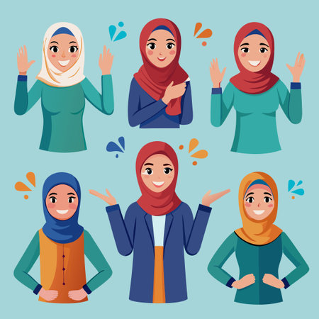 Diverse Gestures of a Hijab-Clad Woman: A Collection of Clipartsのイラスト素材