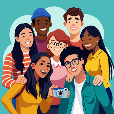 Multiethnic Group of Friends Posing Outdoors with Camera