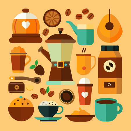 Comprehensive Collection of Coffee Elements and Accessories for Coffee Enthusiastsのイラスト素材
